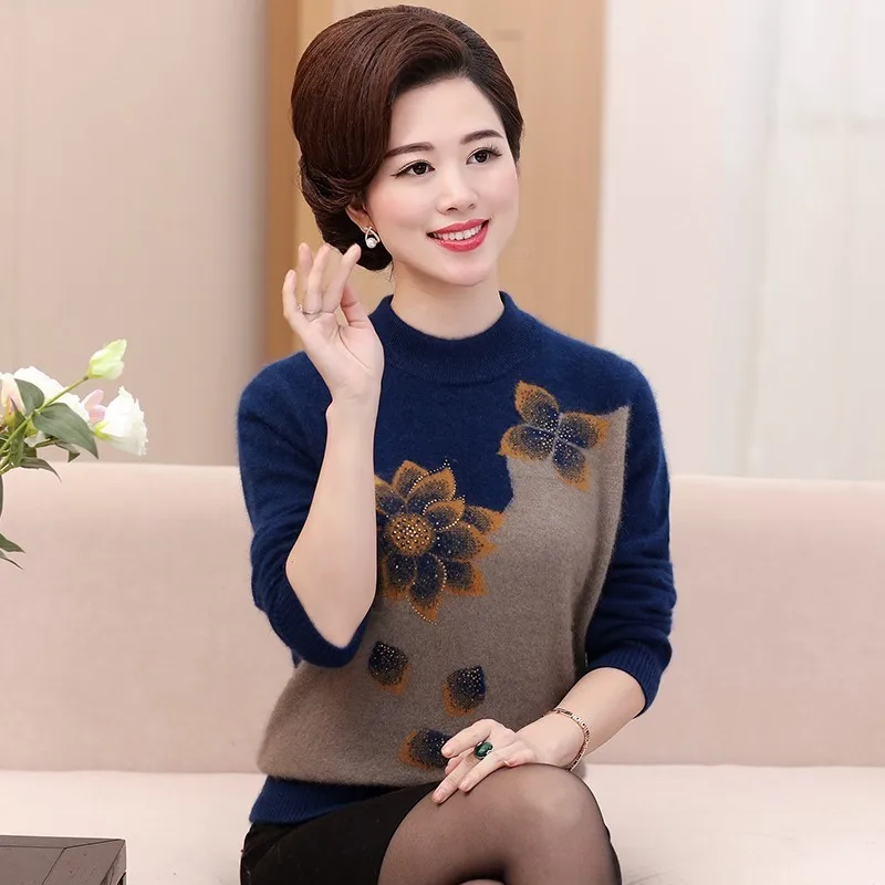 Autumn Winter Floral Pattern Thick Knitted Round Neck Sweaters Elegant Women\'s Clothing New Fashion Diamonds Long Sleeve Jumpers