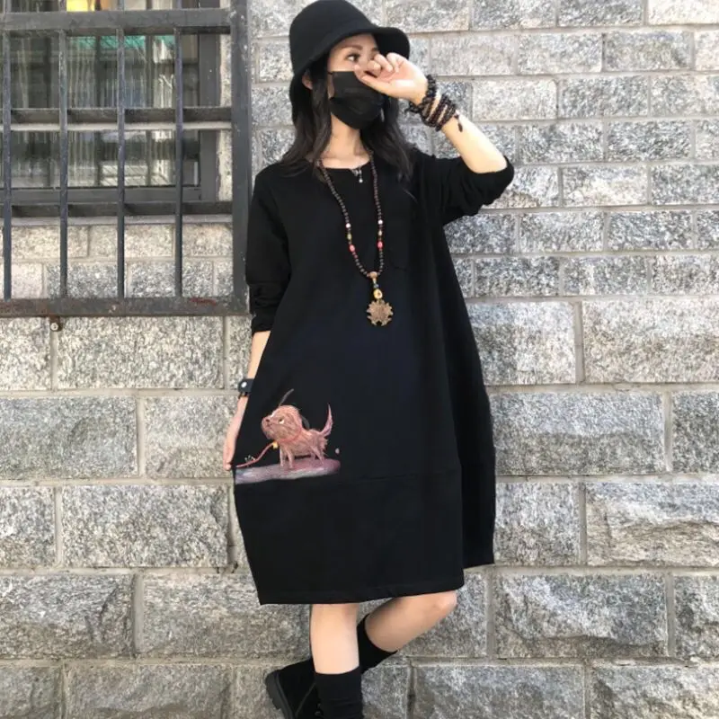 Women Autumn Winter Fashion Loose Printing O-neck Long Sleeve Fleece Sweatshirts Women Clothes Simplicity Appear Thin Midi Dress