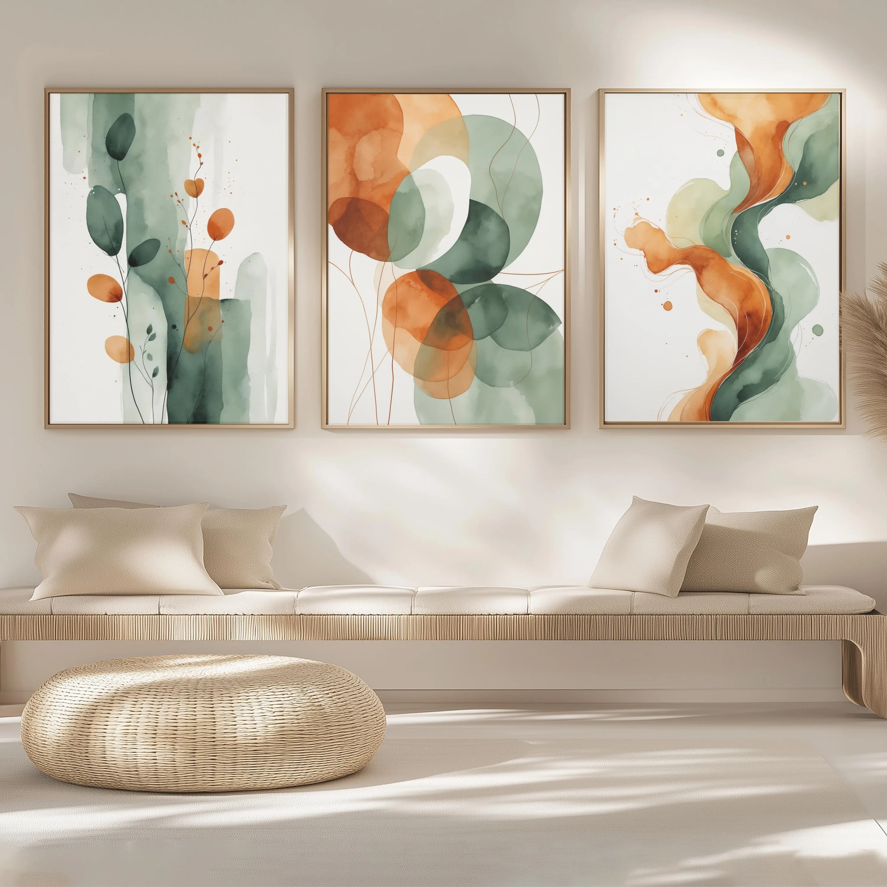 Lot de trois impressions murales abstraites sans cadre, palette orange brûlé et vert sauge, décoration murale minimaliste bohème, neutre et moderne