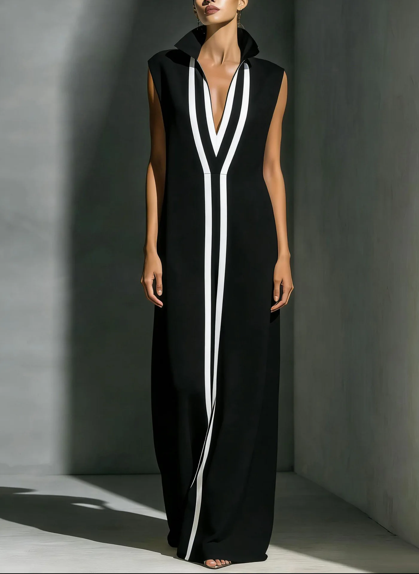 

Elegant Spring Summer Dress Striped Contrast Color Fashion Simple Party Dress V-neck Splicing Sleeveless High Waist Long Dresses
