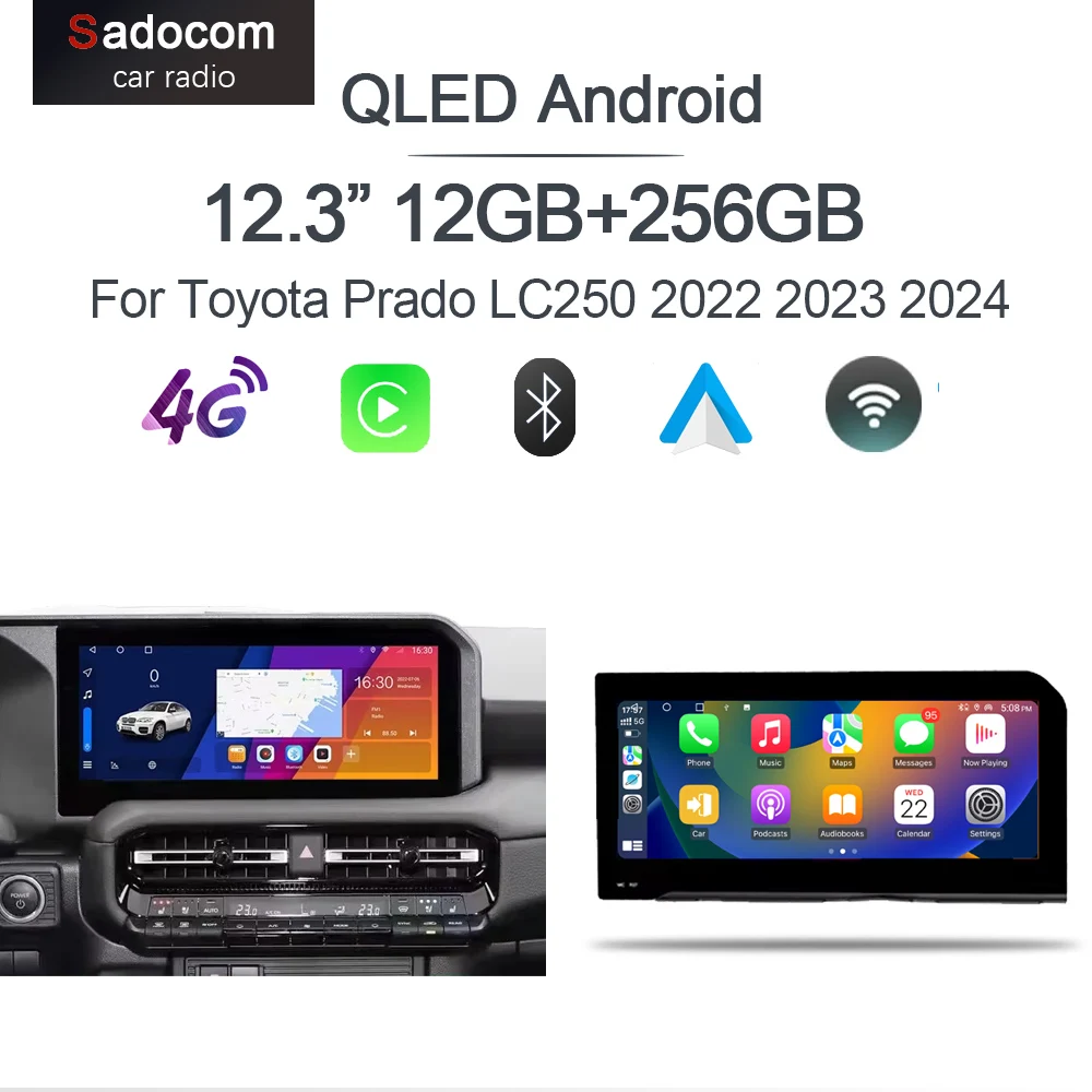 QLED 1920*720 Carplay 12.3' Android 13 12GB+256G Car Android Player GPS WIFI Radio For Toyota Land Cruiser Prado LC250 2022-2024