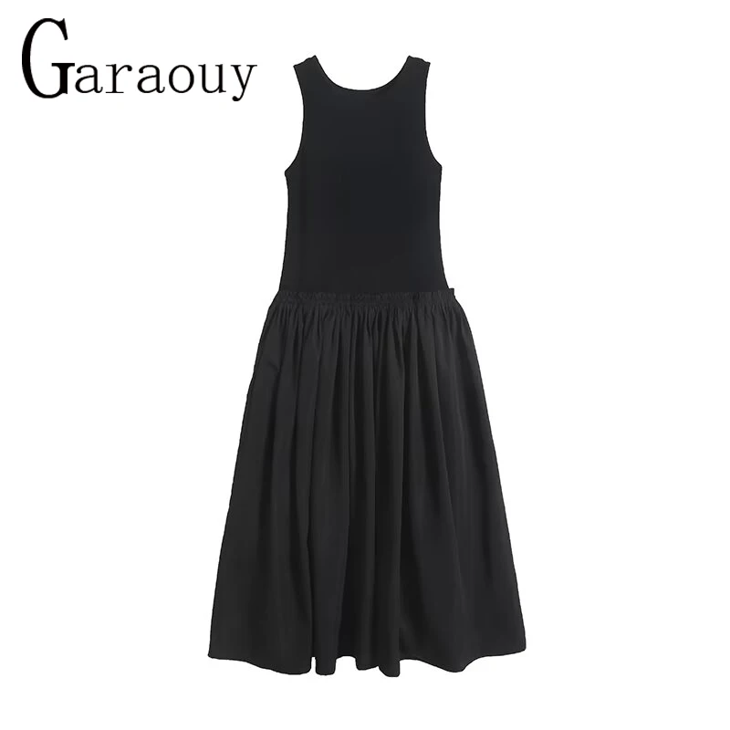 Garaouy Women 2024 Summer New Fashion Tank Robe dress Vintage Sleeveless Chic Round Neck Pleated Casual Dress Vestidos Mujer