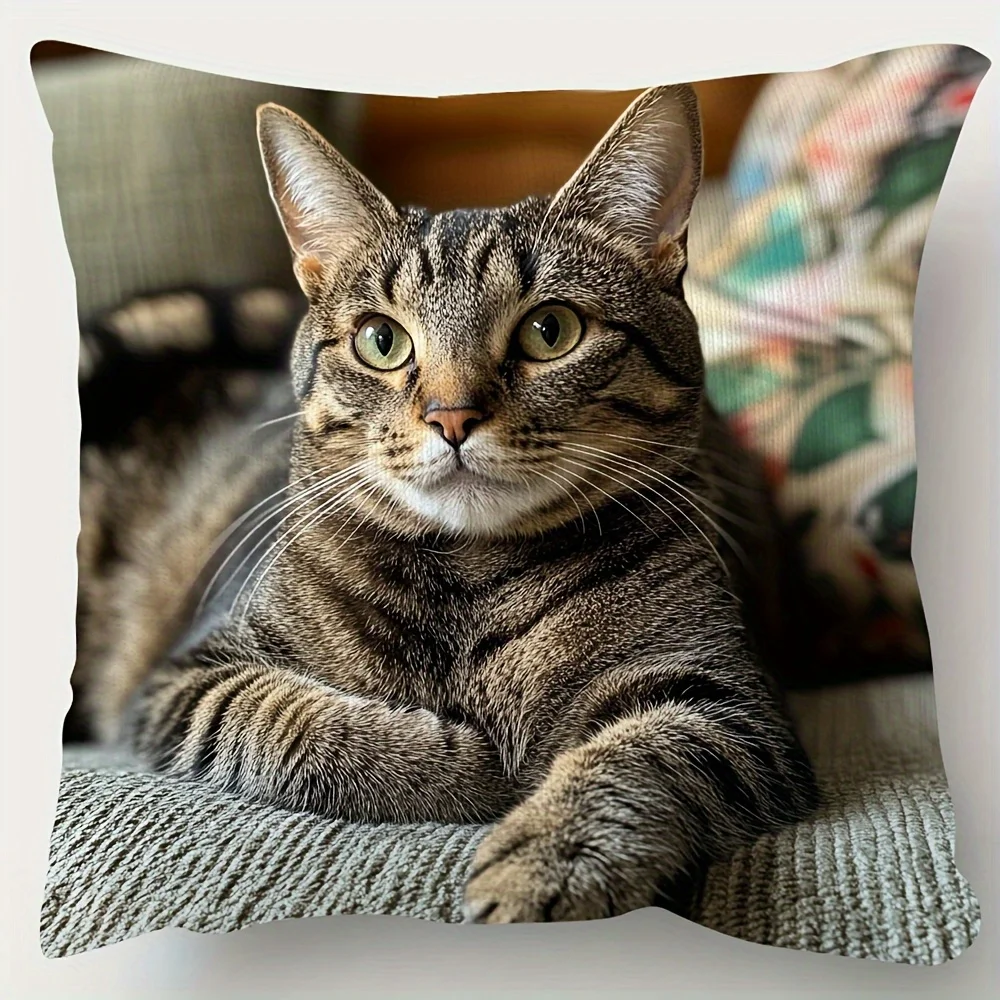 1pc Tabby Cat Portrait Pillow Cover Double-Sided  Machine Washable Home Office Decor No Filler