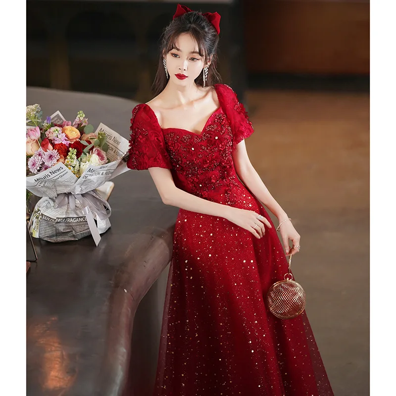 Burgundy Elegant Square Collar Puff Sleeve Chiffon Evening Dress Back Bandage Prom Gowns Cheongsam Robe De Soiree Vestidos