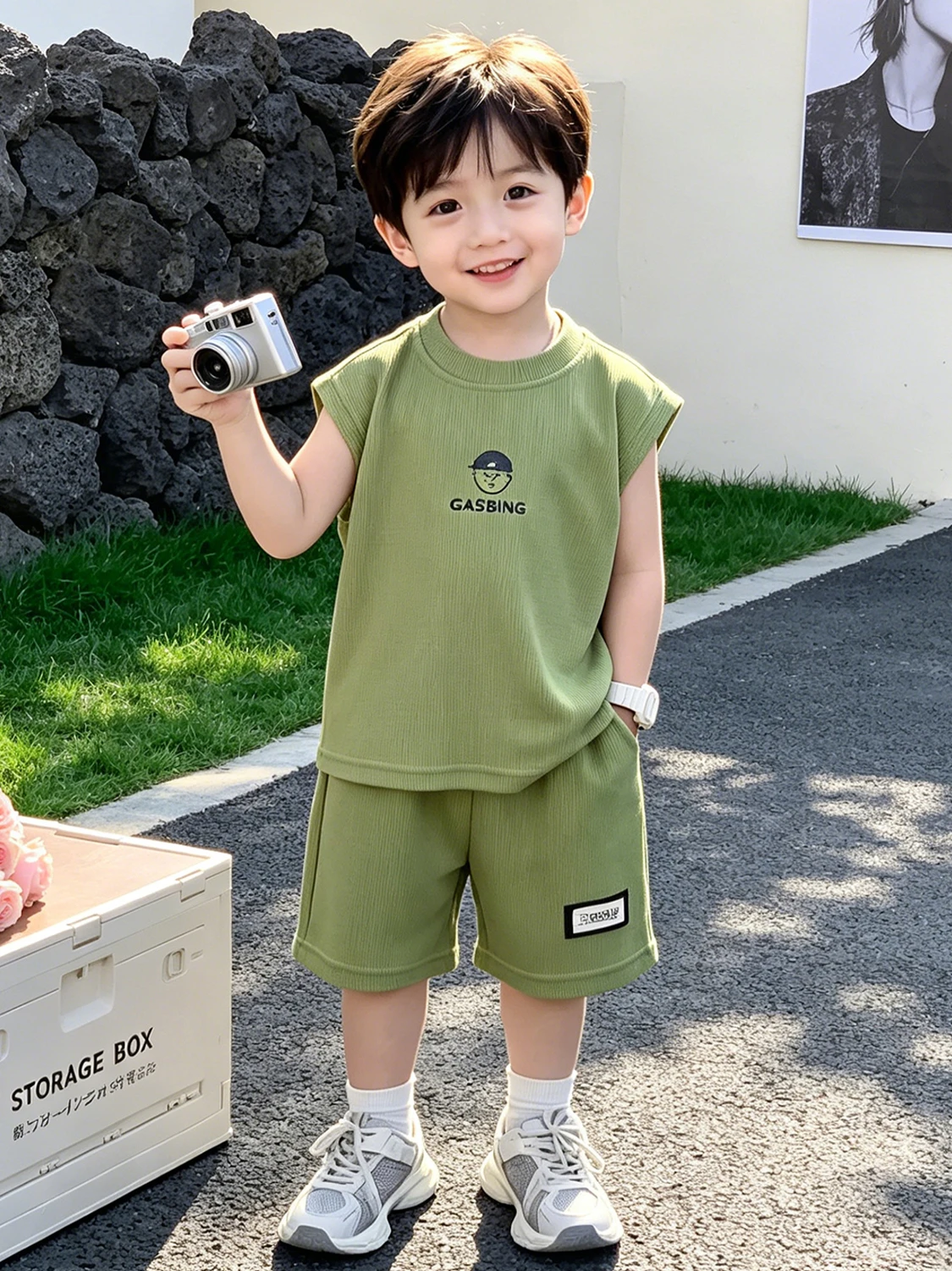 男の子夏薄手ベストセット通気性涼感ノースリーブ服子供の夏服綿混紡生地韓国スタイル
