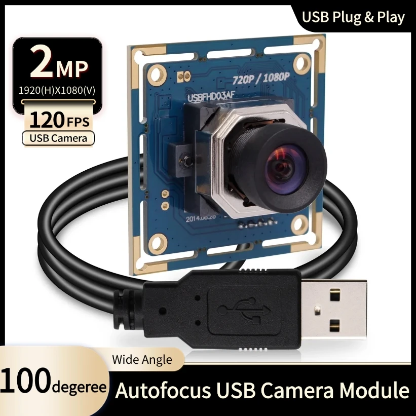 ELP 2MP Autofocus USB Camera Module 100degree Wide Angle Lens 30/60/120FPS High Speed USB Webcam for Robot/Machine Vision