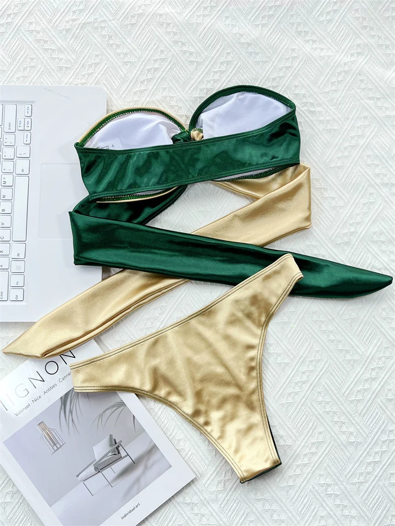 Para Praia Green Gold Bikini 2023 Sexy Strapless Bandeau Swimwear Women Brazilian Swimsuit Thong Biquini Bandage Bathing Suit