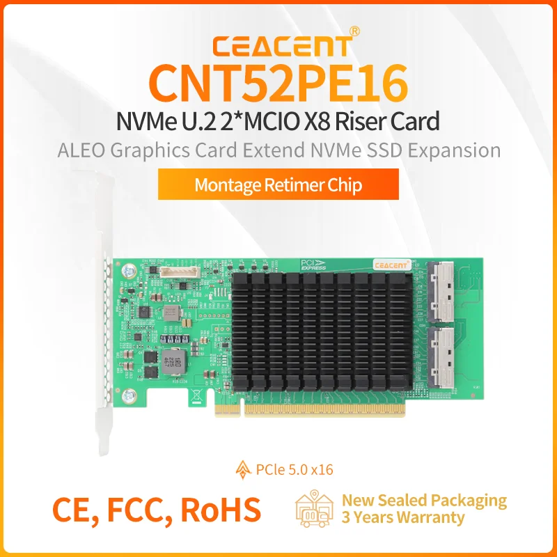 

CEACENT CNT52PE16 PCIe5.0 Retimer NVMe Adapter, Two x8 MCIO Connector, PCIe 5.0 x16 Enabled NVMe Gen5.0 SSD or PCIe 5.0 Device
