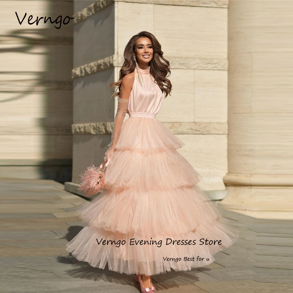 

Verngo Elegant Blush Pink Tulle Prom Dresses A Line Tiered Layered Cupcake High Neck Ankle Length Evening Gowns Formal Party