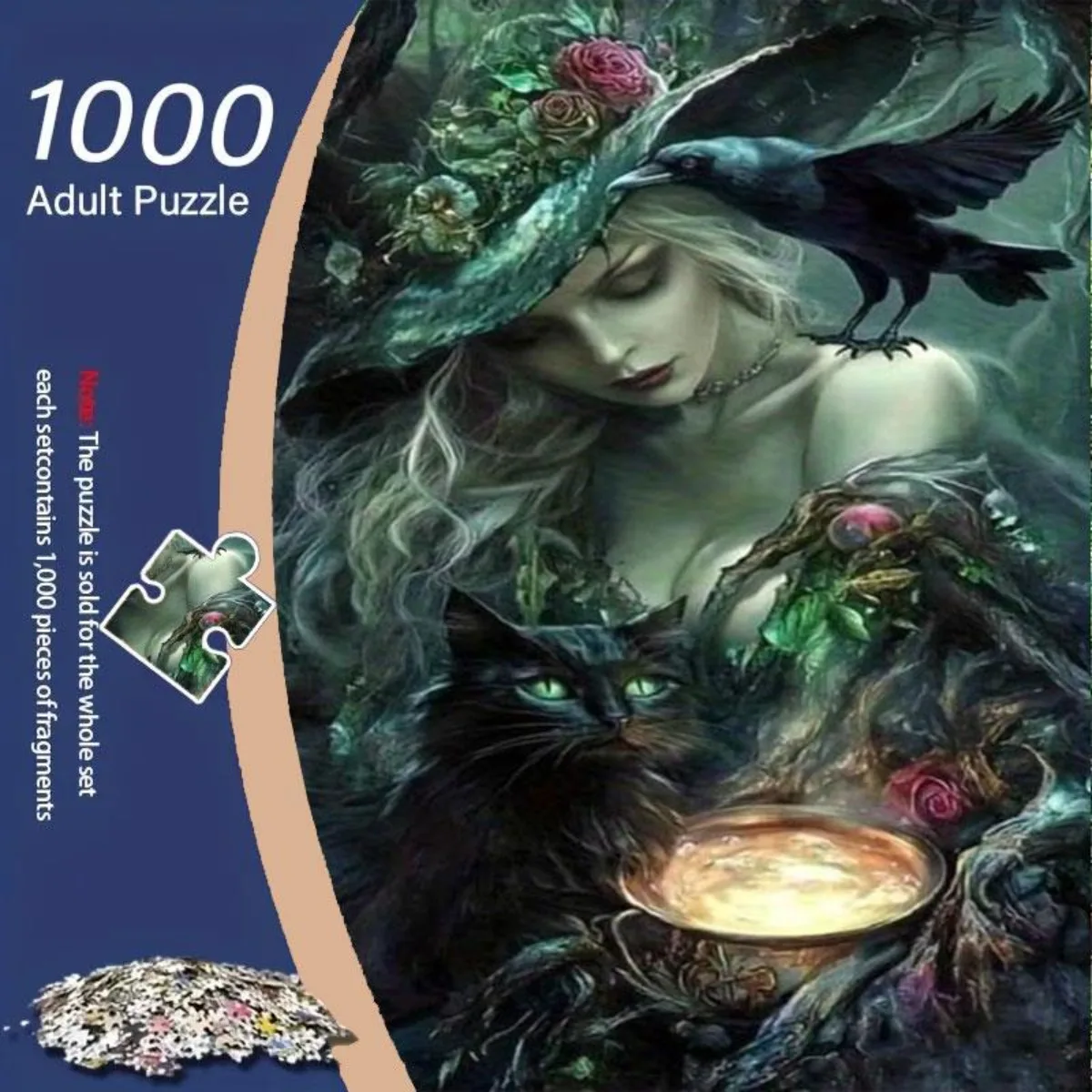 Rompecabezas de bruja de fantasía, gato negro con cuervos en el lado, olla mágica reflectante, brillo misterioso, 1000 Uds., desbloquea el Fantas