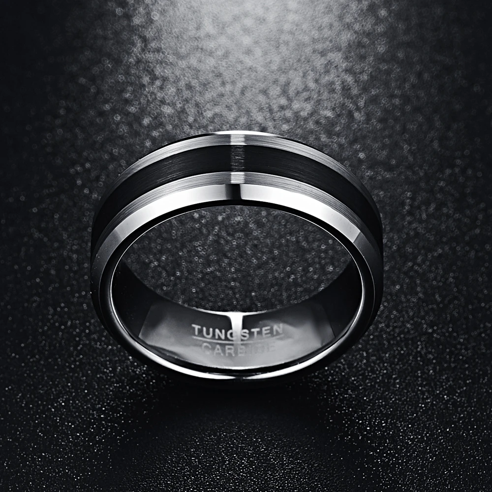 NUNCAD Tungsten Carbide Ring 8MM Men\'s Ring Brushed Finish and Black Center Beveled Edge Wedding Engagement Ring T020R