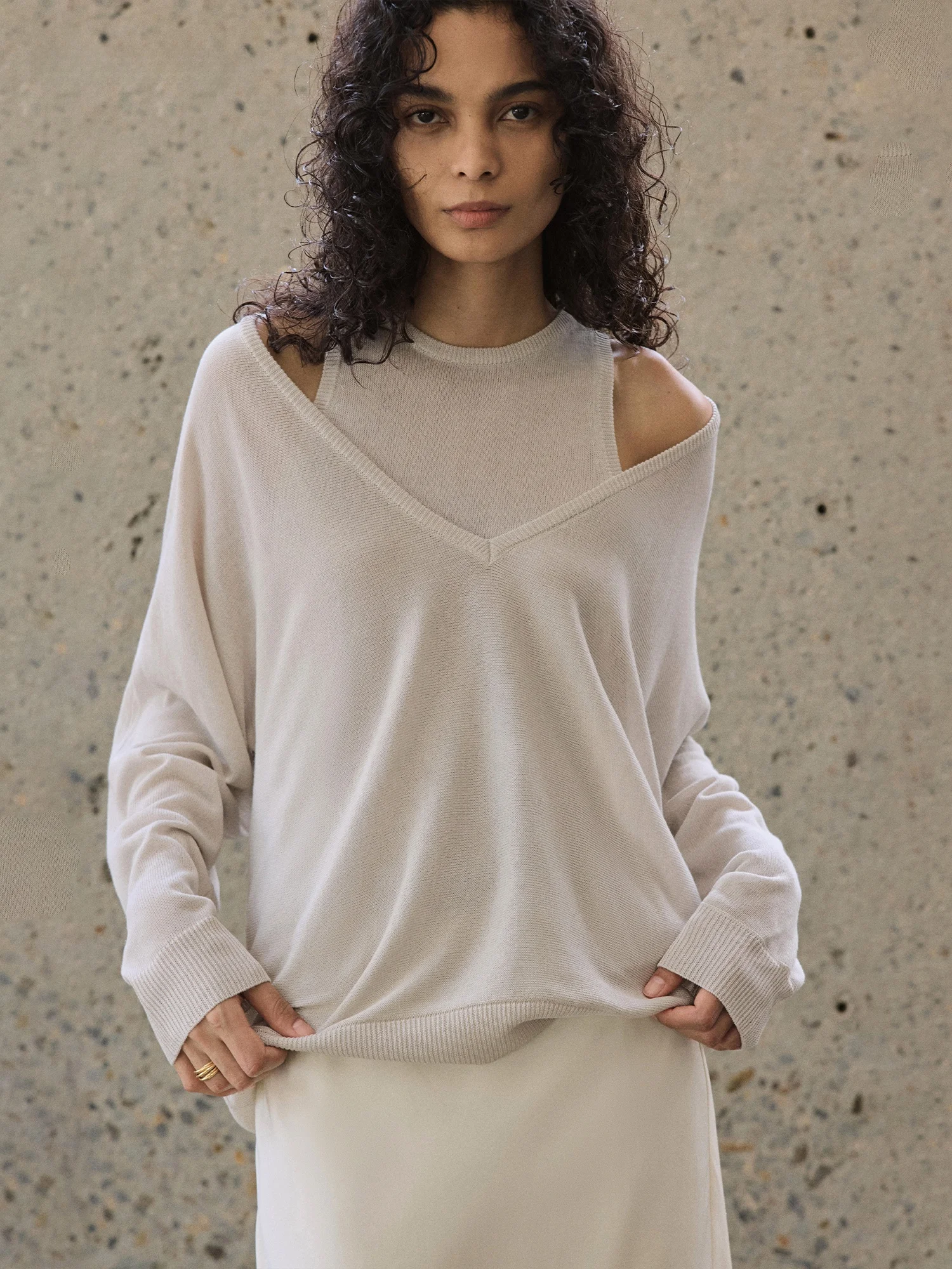 

ENAGOSTO Linen Knitted Top Neck Hanging Shoulder Exposure Breathable Summer Casual Style Long Sleeve Women's Fashion Top