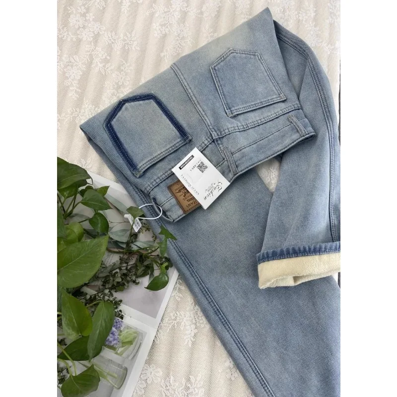 2025 Autumn  Winter New Style Plush Warm Straight Women Jeans   Light Blue High Waist Slim and Narrow Women Wide-leg Pants