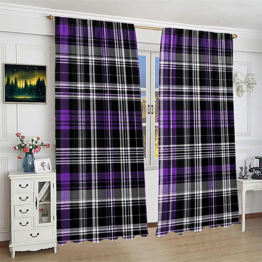 

2pcs- Purple geometric checkered printed curtains, pole bag curtains, Christmas decorations, home decorations, room decorations