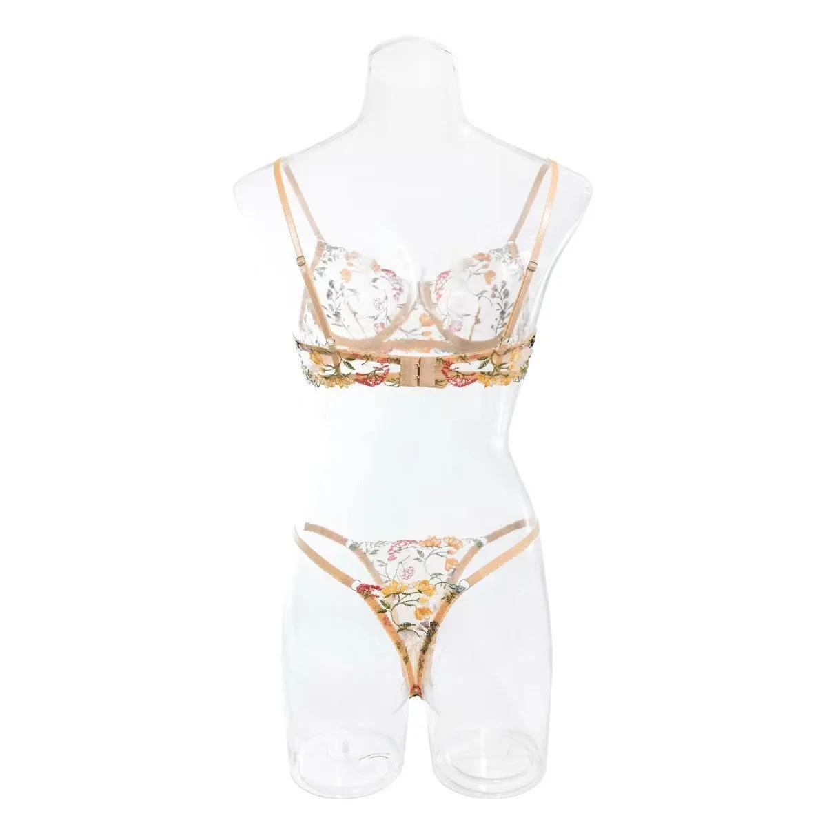 Sexy Mesh Floral Embroidery Bra Underwire Support Lingerie Set with Matching Thong Panties Women Perspective Seductive Underwear view 6