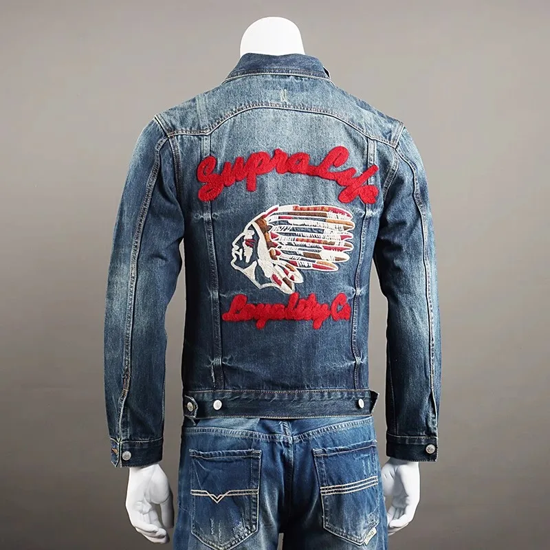 

Street Fashion Men Jacket Retro Blue Casual Denim Ripped Jacket Men Coat Indian Style Patch Designer Embroidery Hip Hop Chaqueta