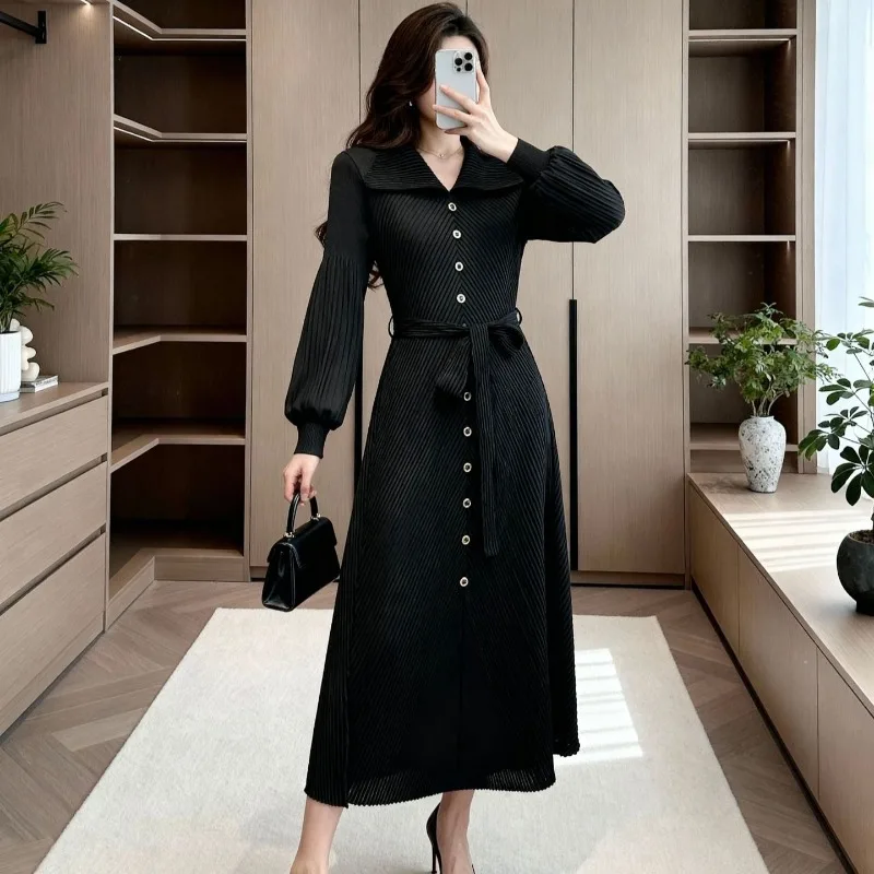 مياكي أوروبا فساتين نسائية جديدة مطوي التلبيب بأكمام طويلة بلون الدانتيل متابعة الخصر حجم كبير فستان طويل مرن الملابس