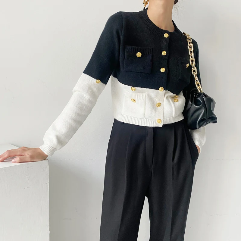 Color Blocking Slim Fit Metal Buttons Pockets Long Sleeves Sweater Casual Summer Women's Dresses for Women 2022 Cardigan