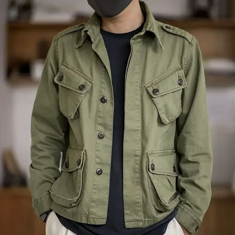 Bomber Jacket Men Multi-pockets Single Breasted Military Tactical Jacket Spring Autumn Windbreaker Solid Long Sleeve Retro Coats