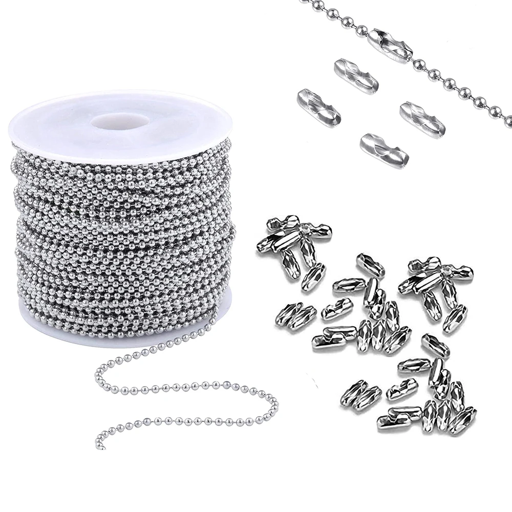 5m Stainless Steel Bead Chain 1.5/2/2.5/3mm Ball Chain with 50pcs Matching Adjustable Pull Connector for Keychain Jewelry Making