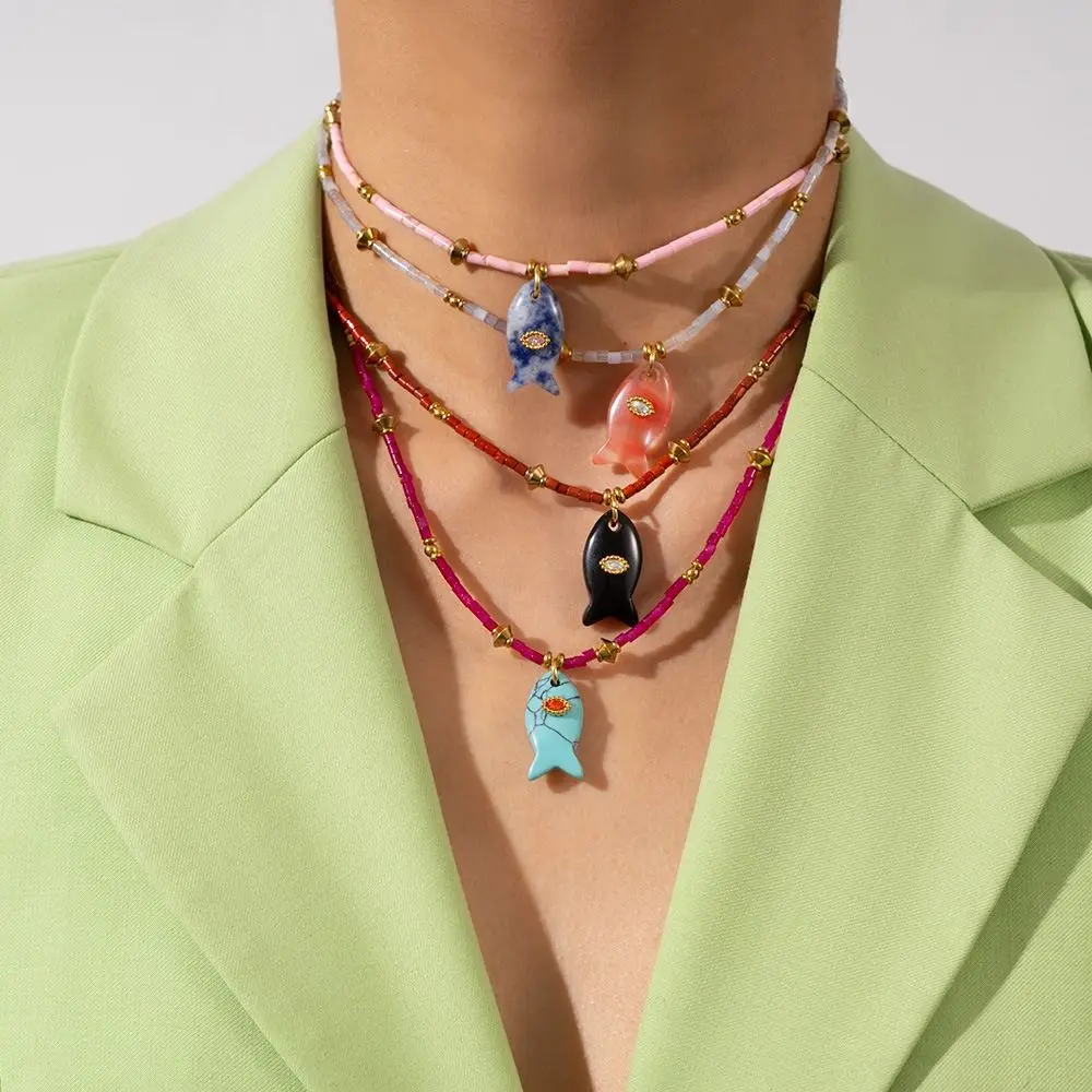 Vintage Bohemia Mini Fish Necklace Colorful Handmade Childishness Chain Choker Jade Jewelry Fish Pendant Necklace Vacation