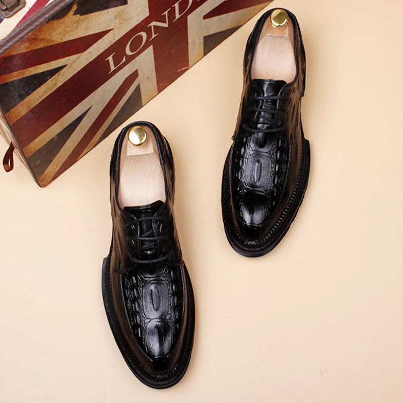 

Мужские туфли-слипоны из натуральной кожи с крокодиловым узором, заостренный носок, повседневные, корейский стиль, увеличивающие рост, для официальных мероприятий