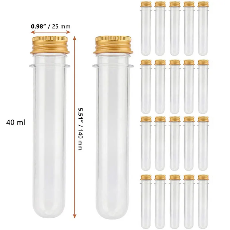 

20Pcs 40ml Clear Test Tubes Clear Plastic Test Tubes with Gold Screw Caps Plastic Tubes for Craft Wedding Decor