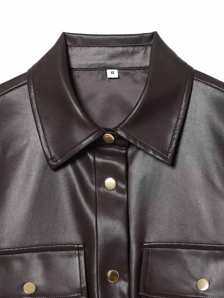 European and American style winter new arrival fashionable and simple women's lapel long-sleeved faux leather jacket with belt