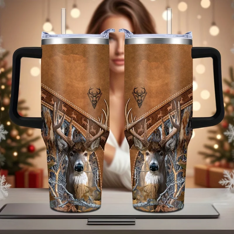 40oz rustic deer stainless steel insulated travel mug with handle and lid, double wall hunting coffee cup for car and outdoor