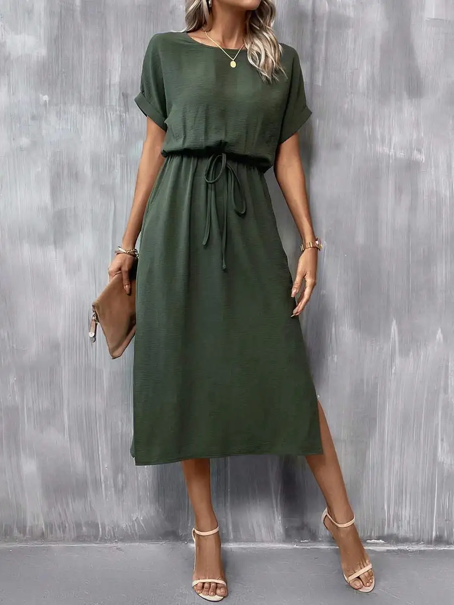 

Olive Green Batwing Sleeve Midi Dress with Drawstring Waist