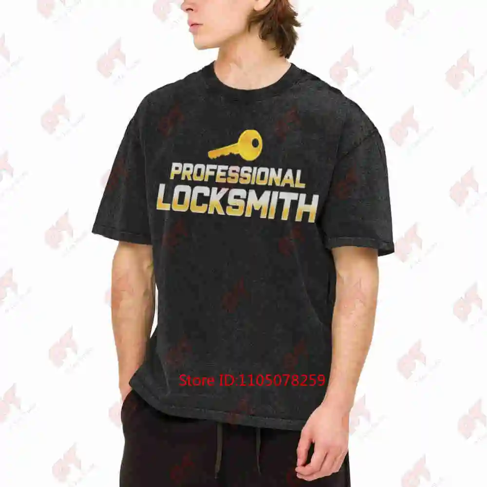 Locksmith Bold Yellow Professional Back Print Key Vintage Washed Tee Pure Cotton T-Shirt