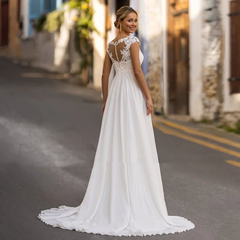 Flavinke Empire Wedding Dresses for Pregnant Bride Cap Sleeve Scoop Neck Applique Sweep Train Beach Bridal Gown Vestido Noiva