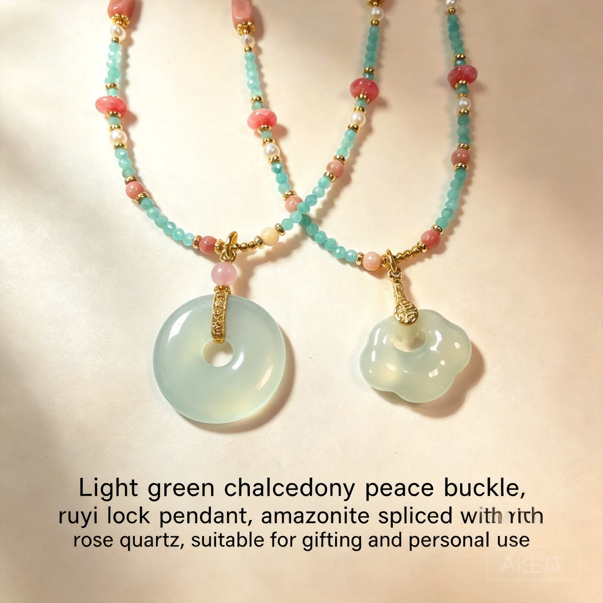 Chinese Style Lucky Blessing Chalcedony Peace Tag Ruyi Lock Pendant Necklace Hand Beaded Strawberry Crystal Amazonite Clavicle