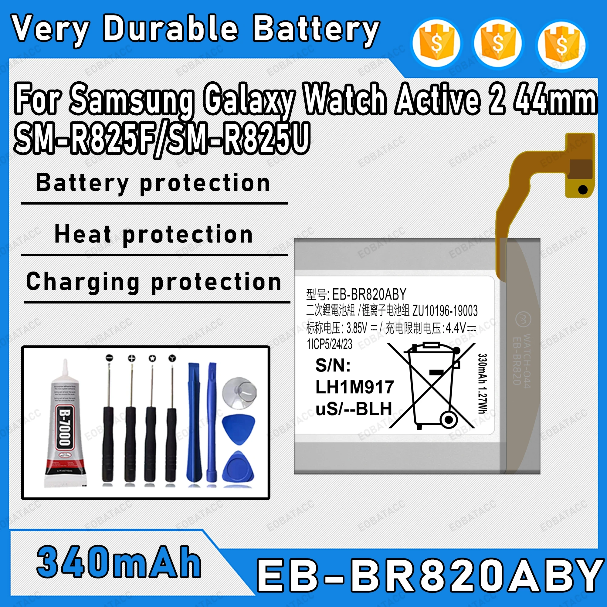 

100% New EB-BR820ABY Watch Battery For Samsung Watch Active 2 44mm Replacement Bateria+Free Tools
