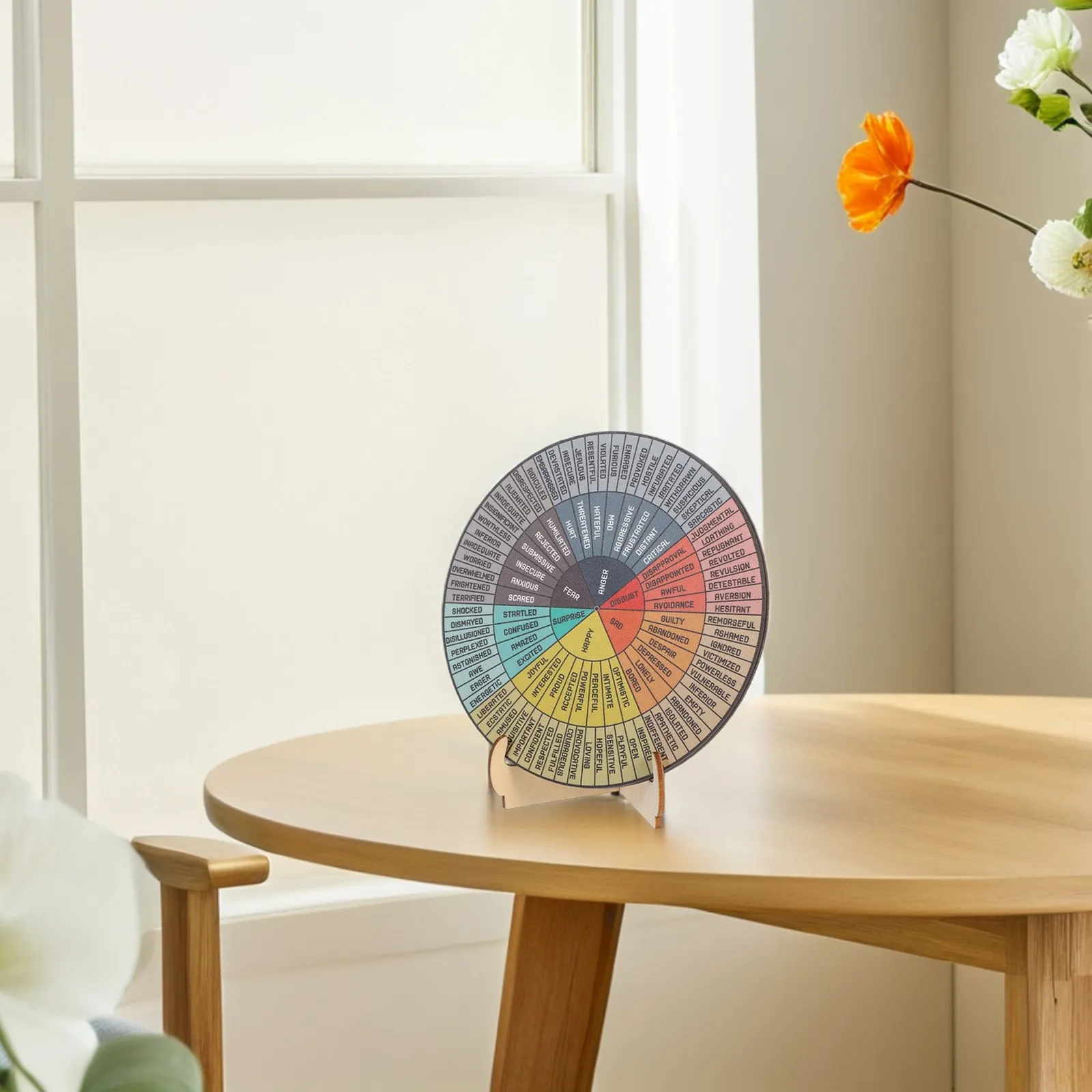 

Wooden Double-Sided Emotional Wheel Chart with Sturdy Stand for Home Office Desk Decor Mood Regulation Mental Wellness Tool