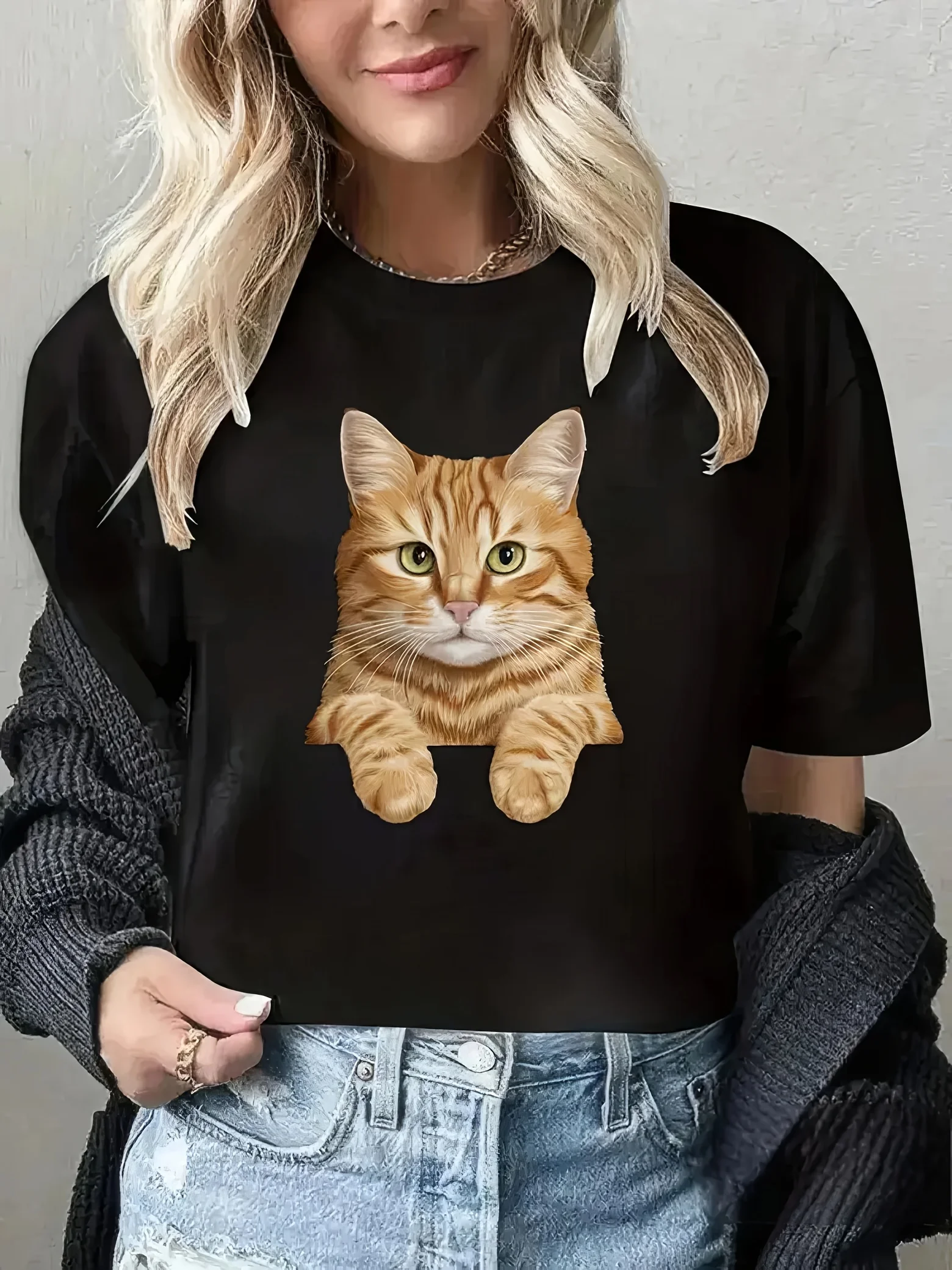 Camiseta negra informal de manga corta con cuello redondo para mujer estampado gráfico de gato gengibre bonito ajuste Regula