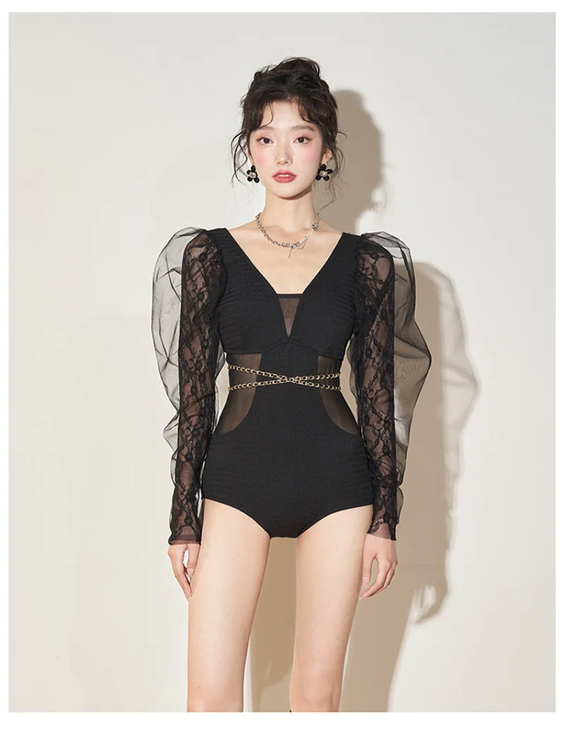 Wisuwore One-piece Swimsuit Women\'s Conservative Long-sleeved Coverup 2023 Korean Ins-style Slim Fashionable Hot Spring Swimsuit