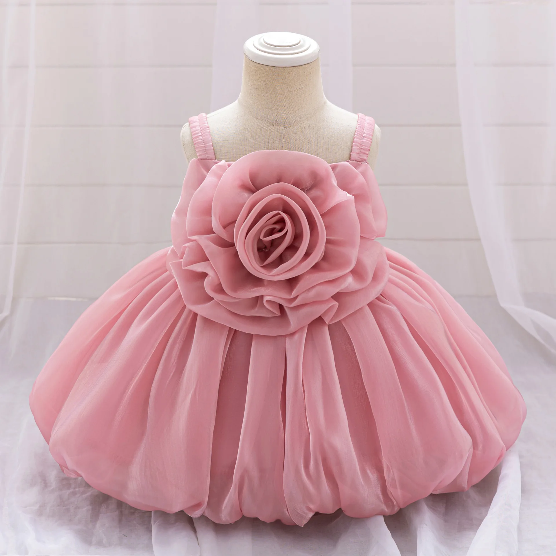 Elizabeth Fashion Toddler Baby Girls Spaghettia Straps Big 3D Flower Girl Birthday Party Pageant Christmas Holiday Dress