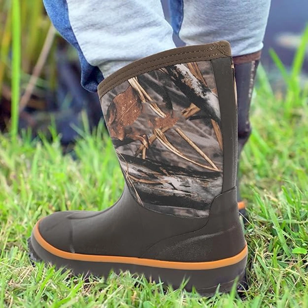 Tactical Children's Warm Rain Boots Waterproof Camo Mud Boots Winter Fleece-Lined Snow Boots for Hunting Fishing Outdoor Play