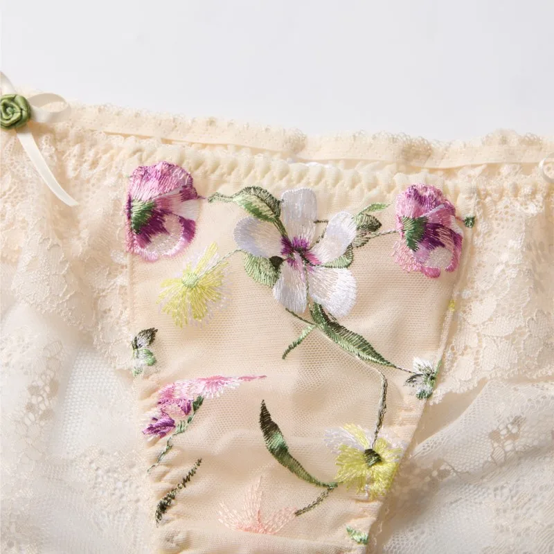Lace See Through Women Sexy Lingerie Low Waiste Flower Embroidery Bow Sissy Briefs Comfortable Breathable Daily Wear Panties