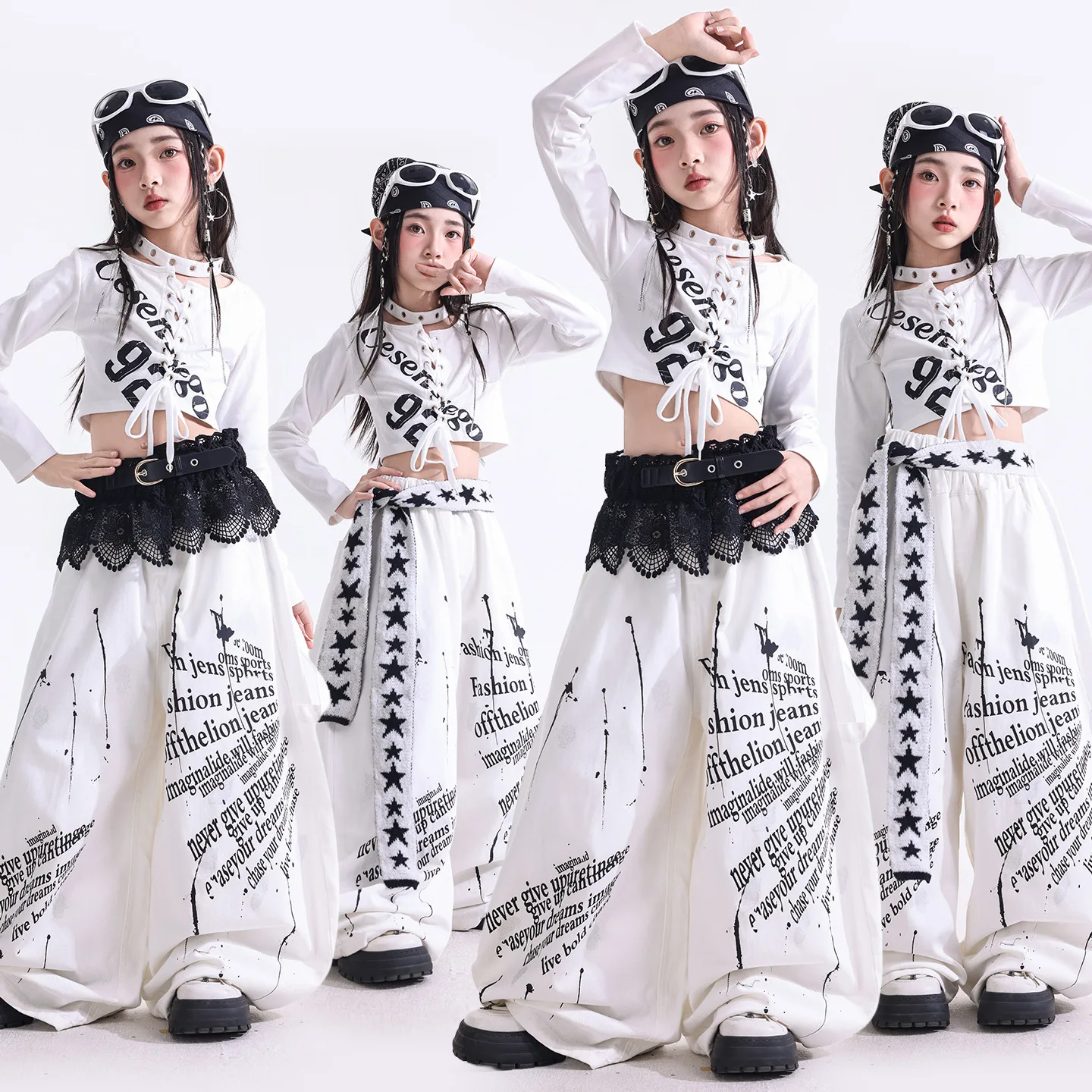 Kid Kpop Hip Hop Clothing White Lace-up Crop Top Casual Wide Leg Letter Pants for Girl Street Dance Costumes Clothes
