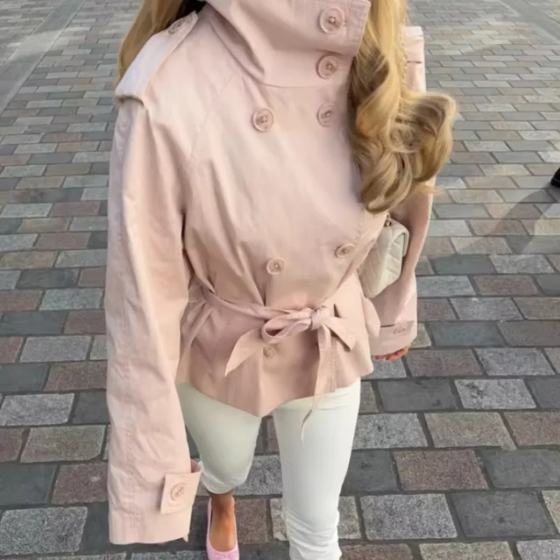 Modischer Damen-Trenchcoat in Rosa mit Gürtel, Frühjahr/Herbst 2026, Stehkragen, Doppelreihig, Schlanke Passform, Streetwear