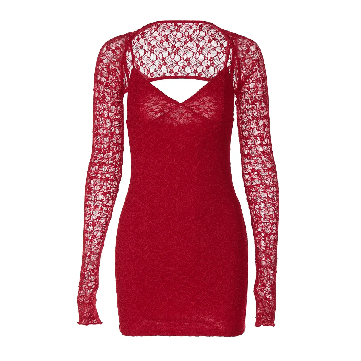 Europejsko-amerykańska seksowna sukienka na ramiączkach z koronkowymi wstawkami, czerwona, czysto-prowokacyjna, obcisła sukienka projektanta z dekoltem w serek dla gorącej dziewczyny, sukienka dla kobiet z wyższych sfer.