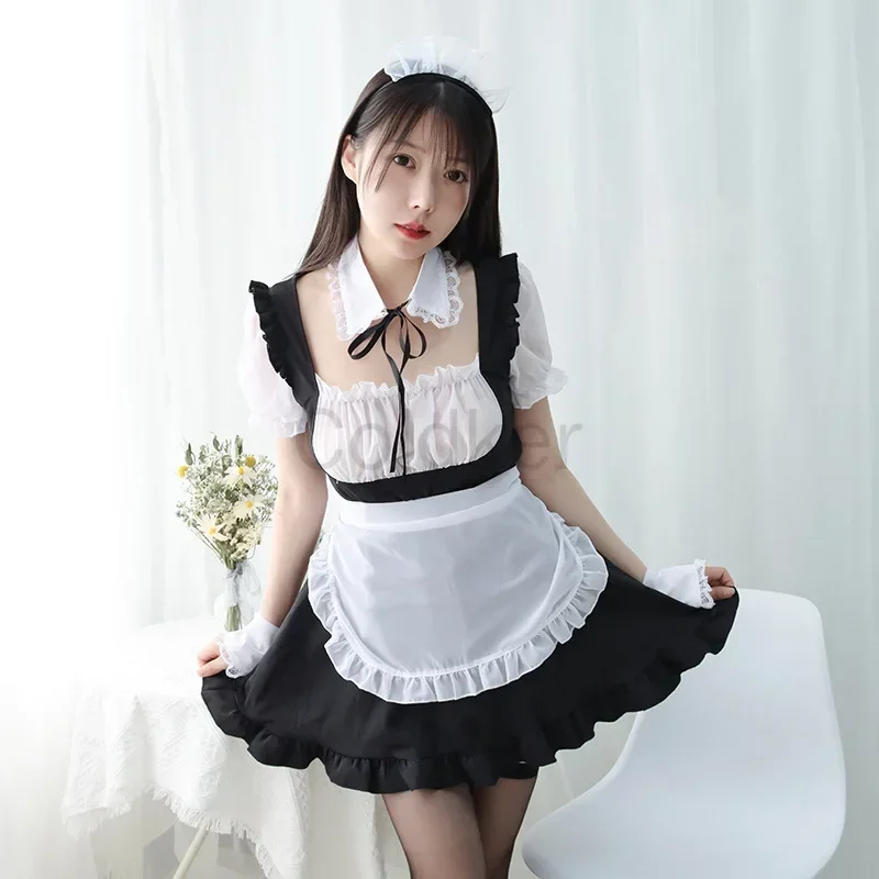 Série japonesa lolita vestido sexy cosplay traje de empregada boudoir feminino estudante leve perspectiva chiffon kawaii camisola