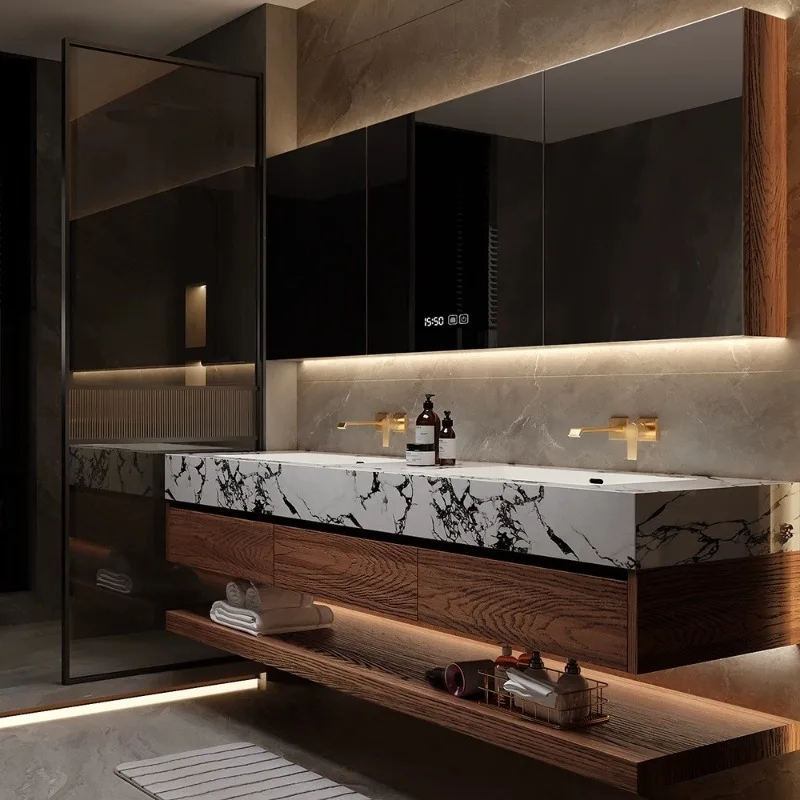 

Slate ceramic seamless integrated basin red oak paint bathroom cabinet combination bathroom washstand hand washing