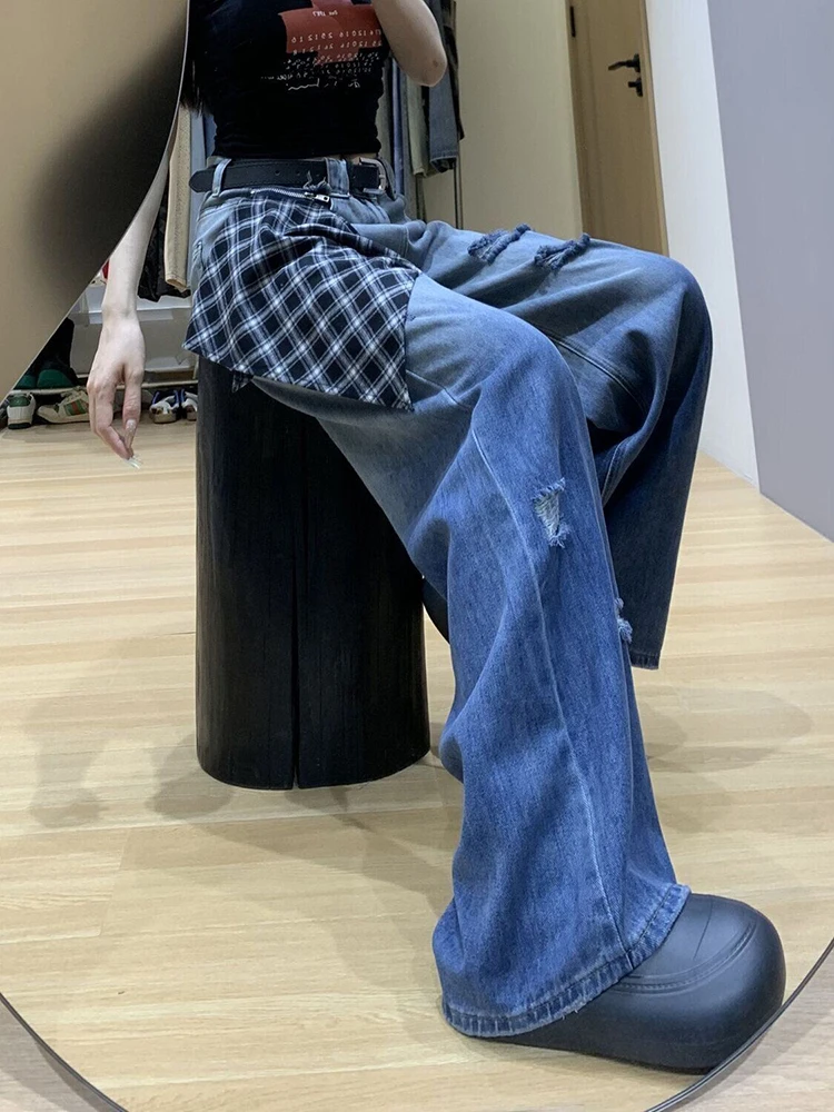 Plaid Patchwork Hole Jeans Women Vintage Streetwear High Waist Wide Leg Denim Pants Hottie Autumn Winter Preppy Casual Trouser