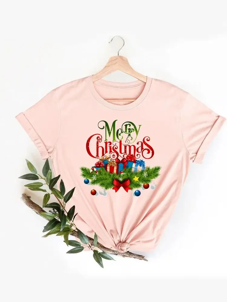 Lovely Watercolor Trend Cute Print T Shirt Christmas Women New Year Short Sleeve Tee Clothes Top Fashion Basic Graphic T-shirts