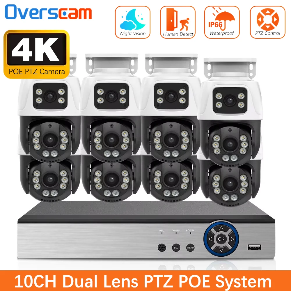 

10-канальный NVR XMEYE 8 МП POE PTZ IP-камера с двумя объективами, система видеонаблюдения для улицы, аудио, ONVIF, комплект для видеонаблюдения