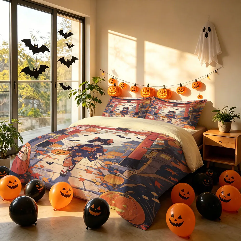 Halloween Duvet Cover Set 3Pcs Japanese Torii Cat Neko Lantern Print Soft Microfiber Bedding with Pillowcases view 5