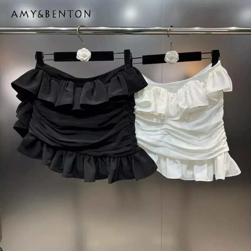 

Spring Summer 2024 Mini Skirt Ruffled Hip-Wrapped Beveled Puffy Ladies All-Match Short Skirts Black White Color Women's Clothing